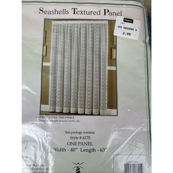 2 VTG Ames NOS Beacon Looms Blue Seashells Textured Curtain Panel W40xL63” USA - Picture 5 of 6